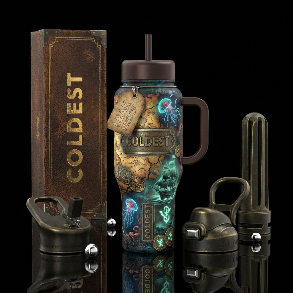 Pirate's fantasy, rustic, rugged, vibrant, artisti... water bottle design