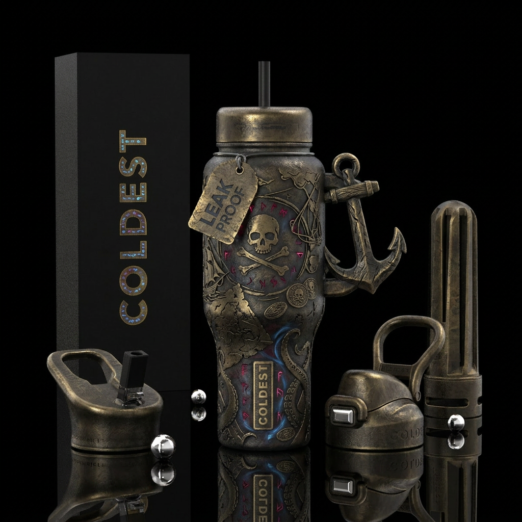 Pirate's fantasy, rustic, rugged, vibrant, artisti... water bottle design