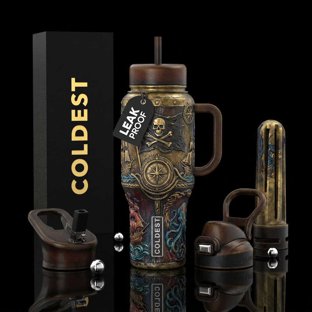 Pirate's fantasy, rustic, rugged, vibrant, artisti... water bottle design