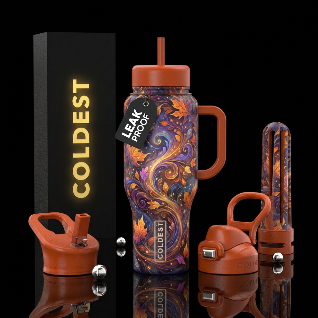 Fall fantasy, vibrant, beautiul, magical, modern, ... water bottle design