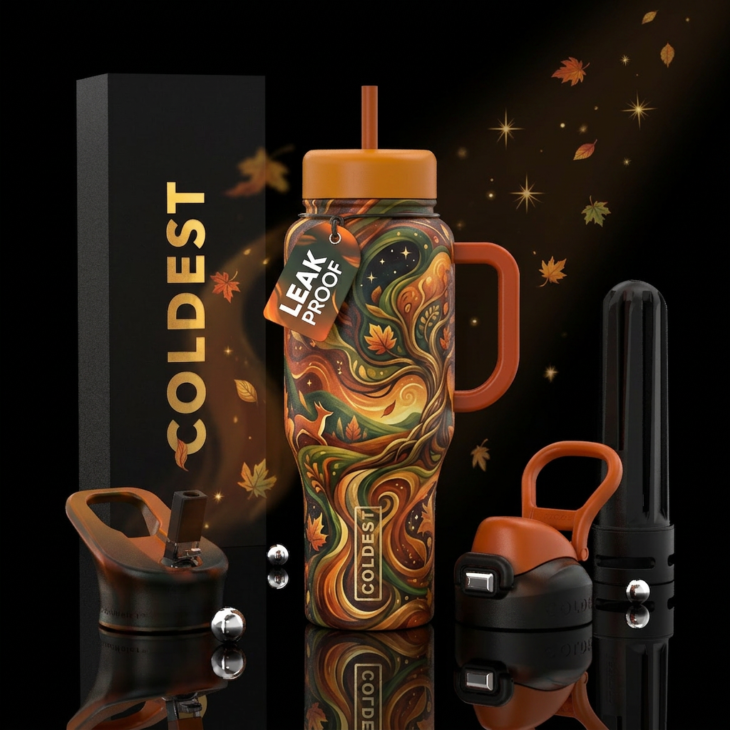 Fall fantasy, vibrant, beautiul, magical, modern, ... water bottle design