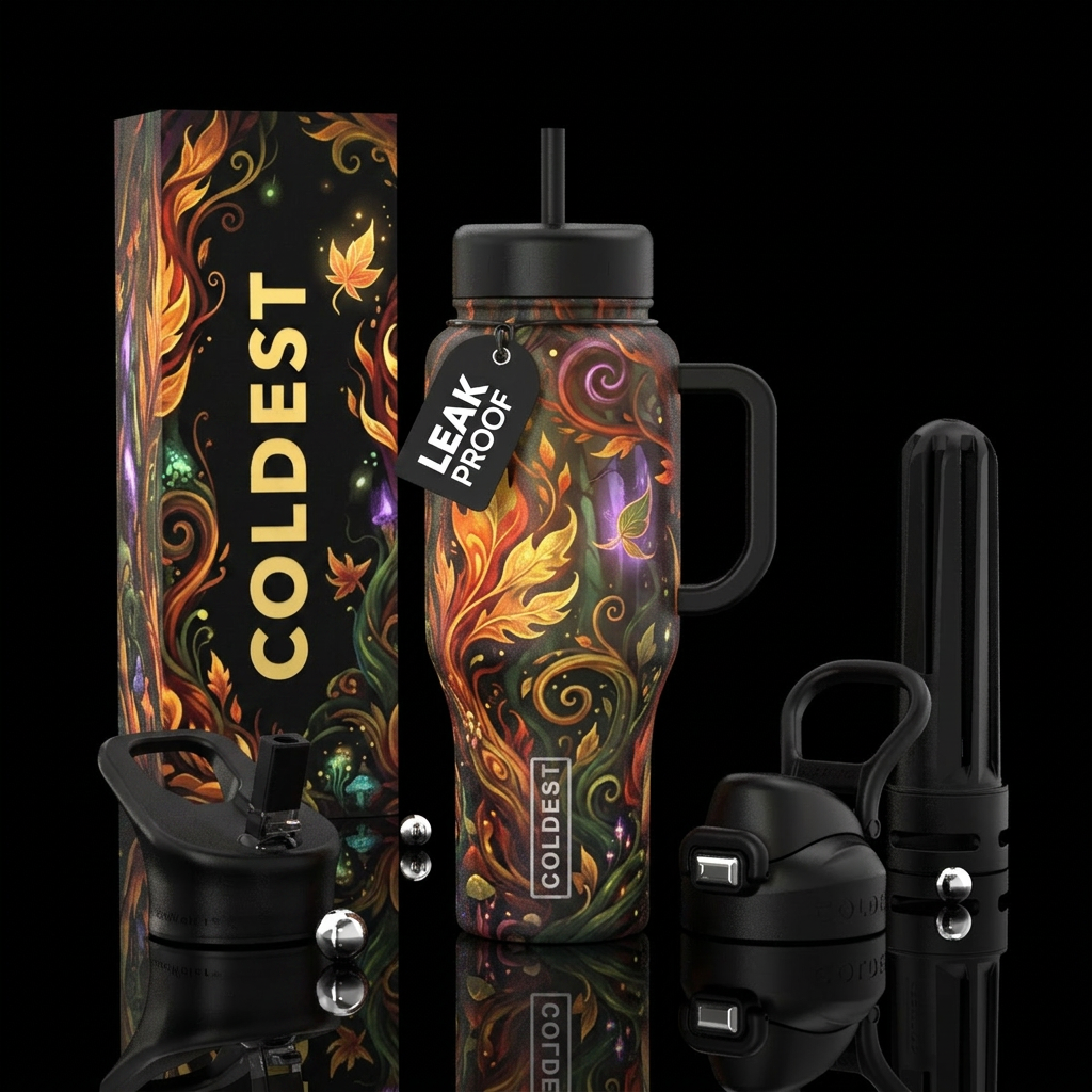 Fall fantasy, vibrant, beautiul, magical, modern, ... water bottle design