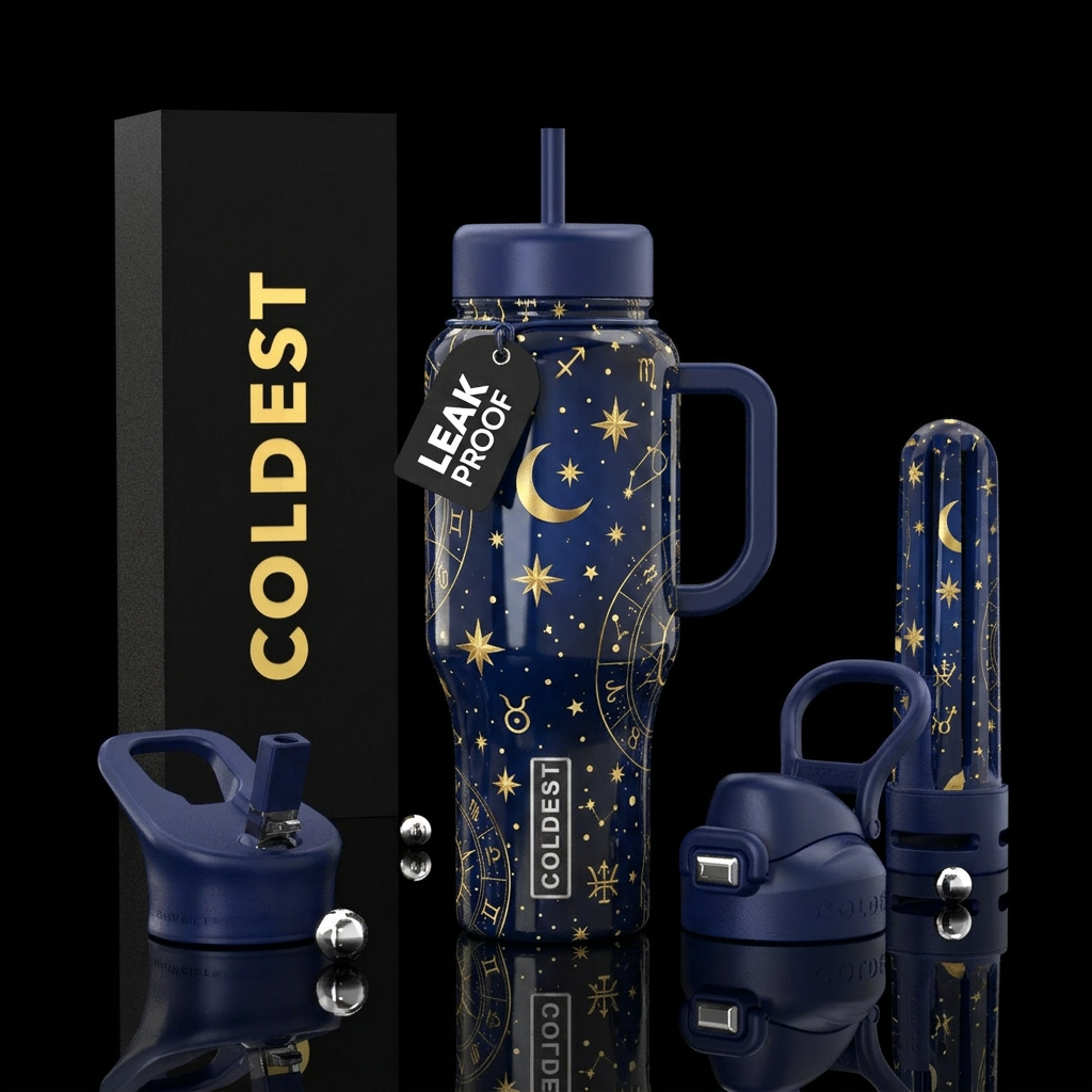 Shiny dark navy blue background shiny gold stars,m... water bottle design