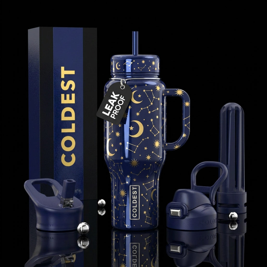 Shiny dark navy blue background shiny gold stars,m... water bottle design