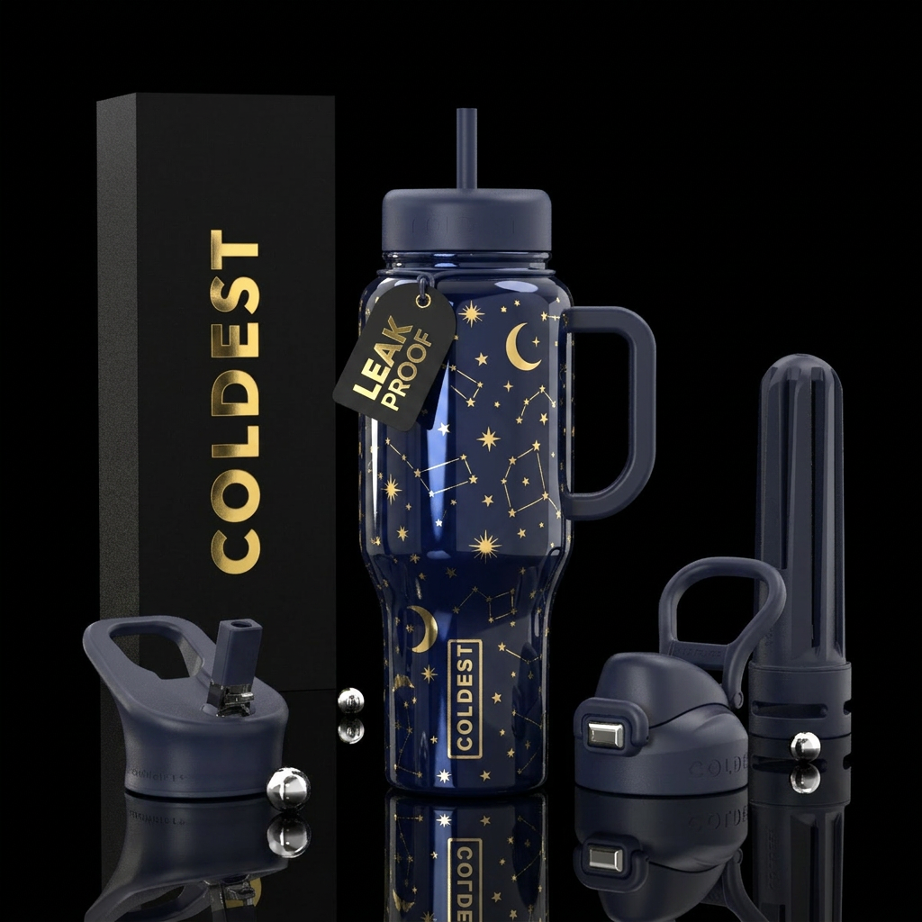 Shiny dark navy blue background shiny gold stars,m... water bottle design