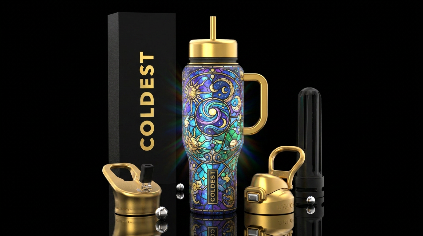 ageless, stained glass, luxurious, stylistic, whim... water bottle design