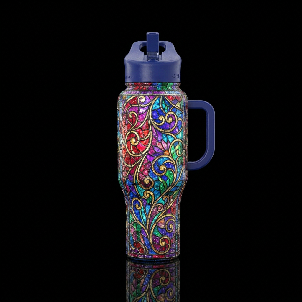 ageless, stained glass, luxurious, stylistic, whim... water bottle design
