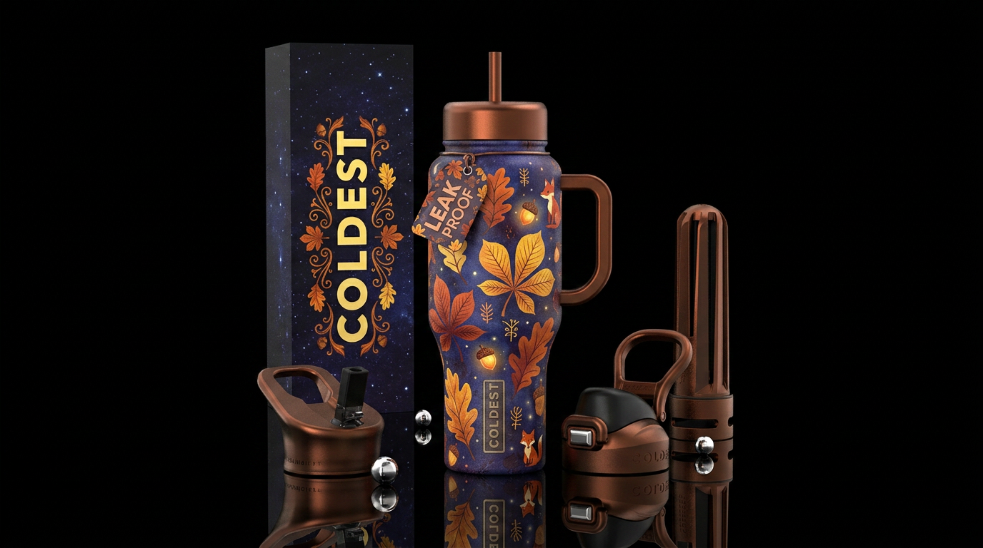 autumn harvest, magical, modern, whimsical, stylis... water bottle design