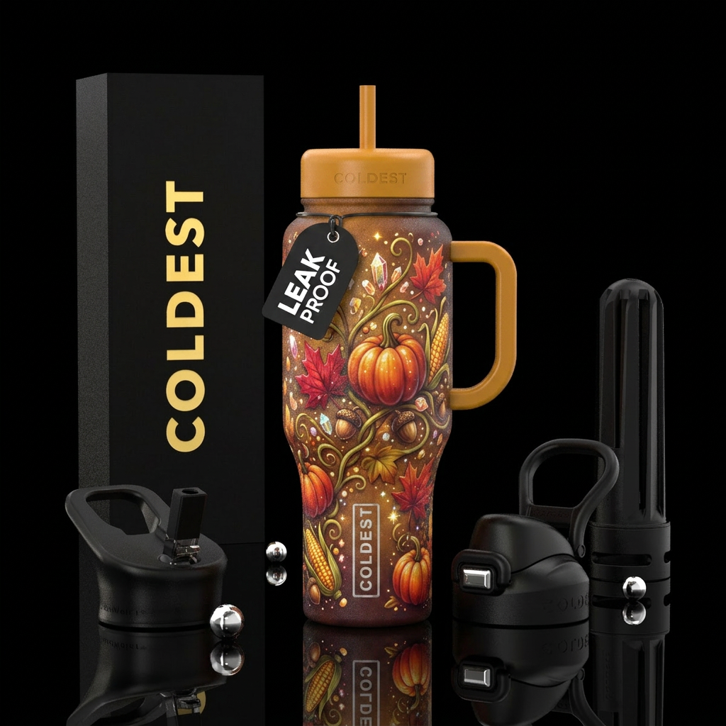 Autumn harvest, beautiul, vibrant, magical, sparkl... water bottle design