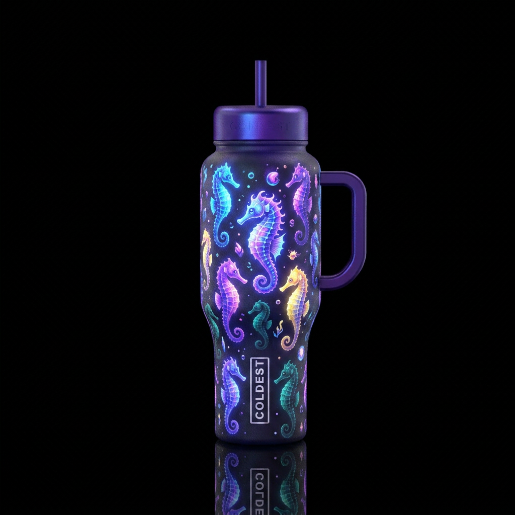 Glowie seahorses, beautiul, vibrant, magical, mode... water bottle design