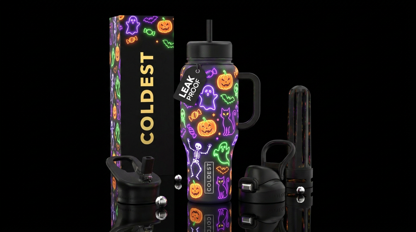Halloween inbued candies,pumpkins,ghosts,skeletons... water bottle design