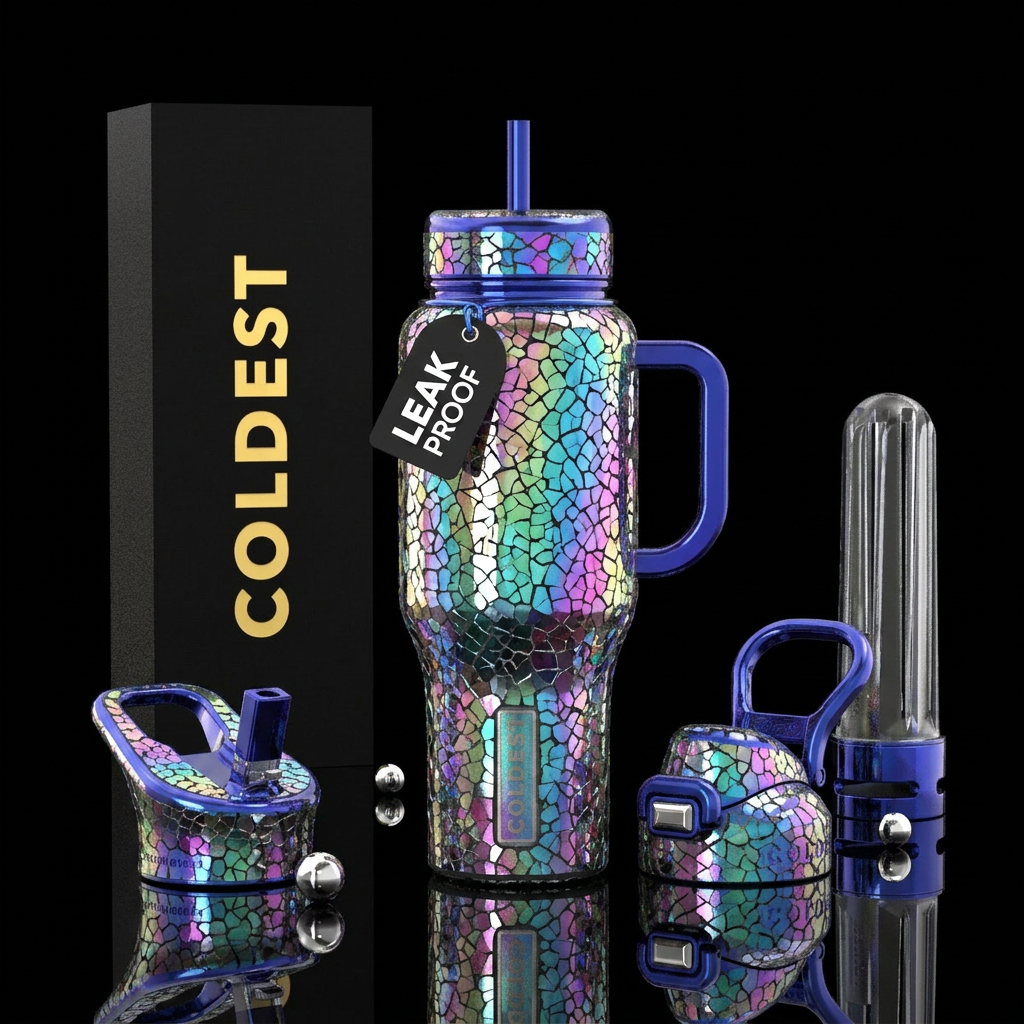shiny, cracked,colorful mirrored shimmering water bottle design