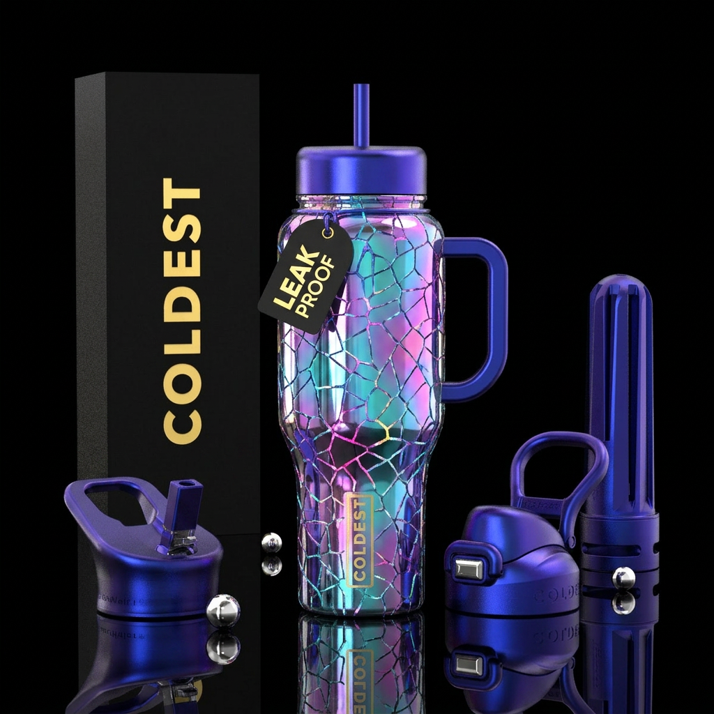 shiny, cracked,colorful mirrored shimmering water bottle design