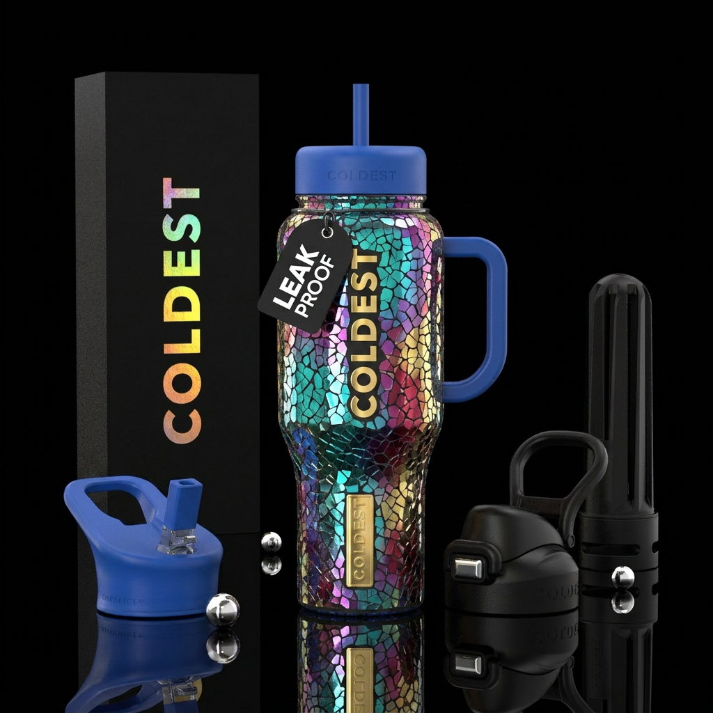 shiny, cracked,colorful mirrored shimmering water bottle design