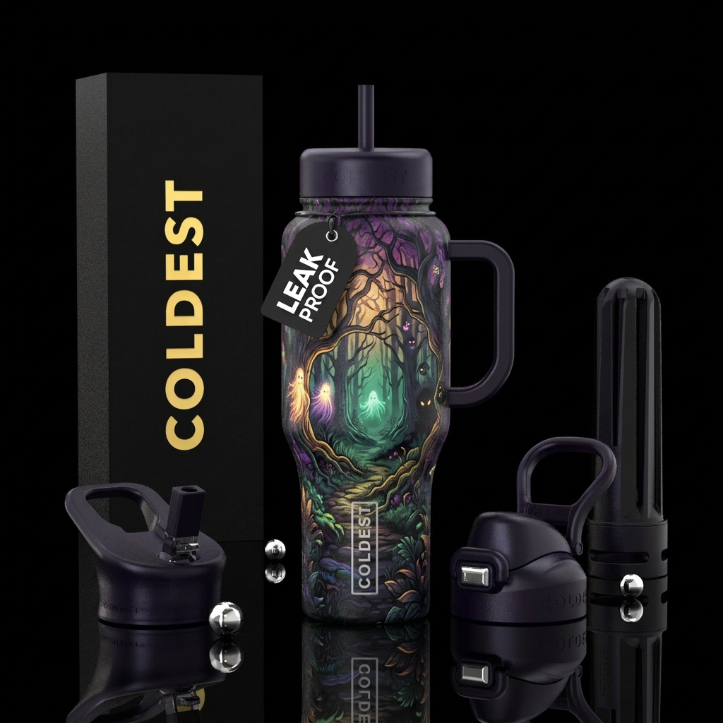 haunted woods, vibrant, luxurious, inbued, darknes... water bottle design