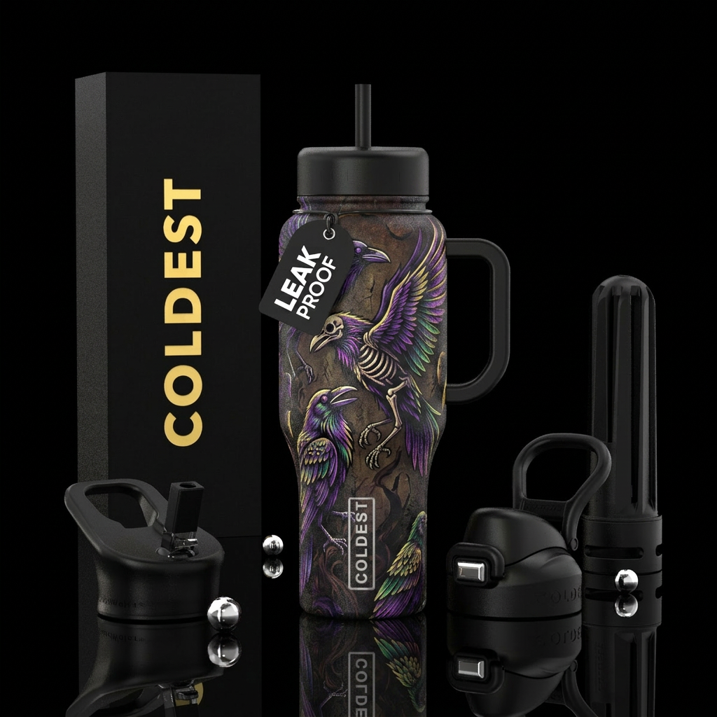 Haunted Ravens, scary, vibrant, modern, stylistic,... water bottle design