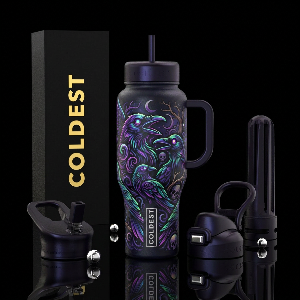 Haunted Ravens, scary, vibrant, modern, stylistic,... water bottle design