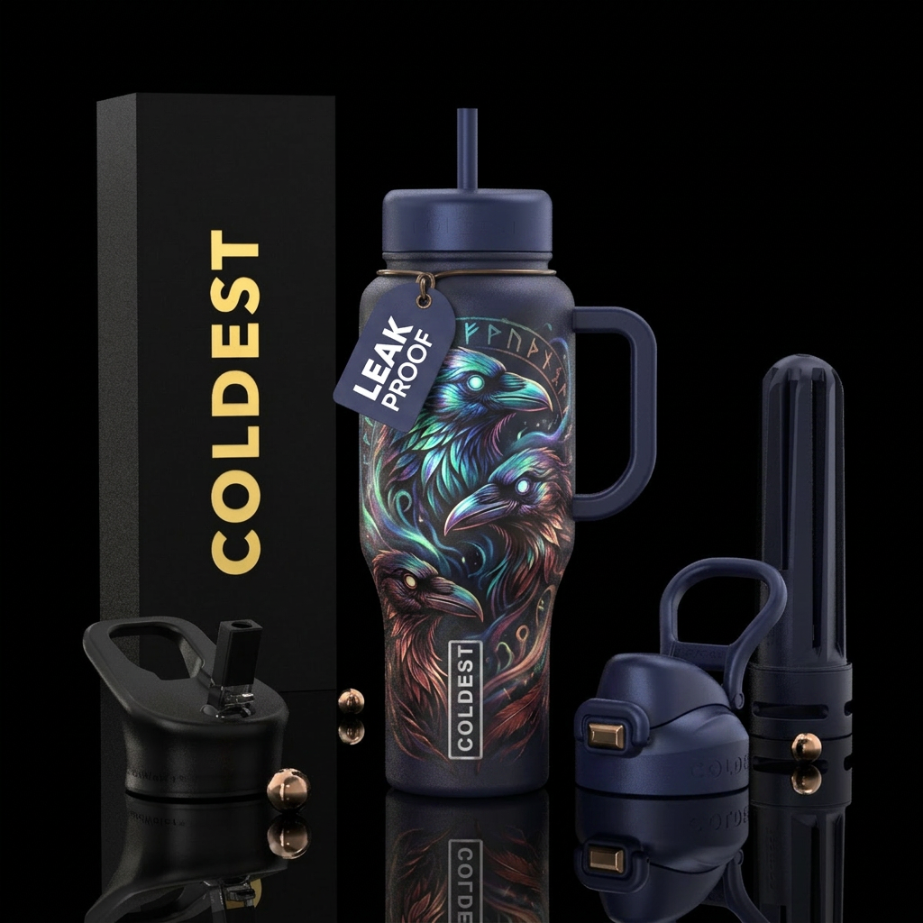 Haunted Ravens, scary, vibrant, modern, stylistic,... water bottle design