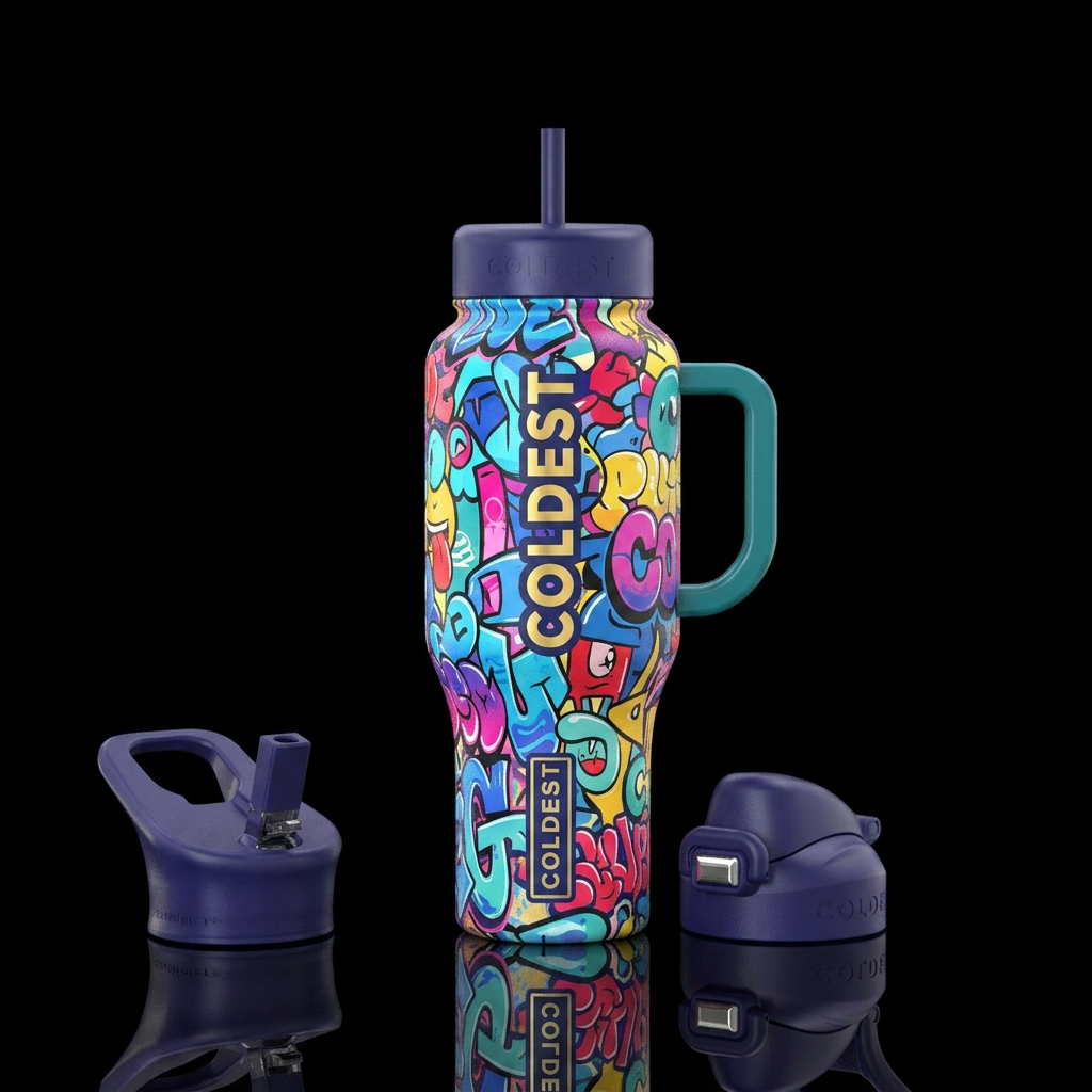 nostalgic, happy mood, street art, vibrant, advent... water bottle design