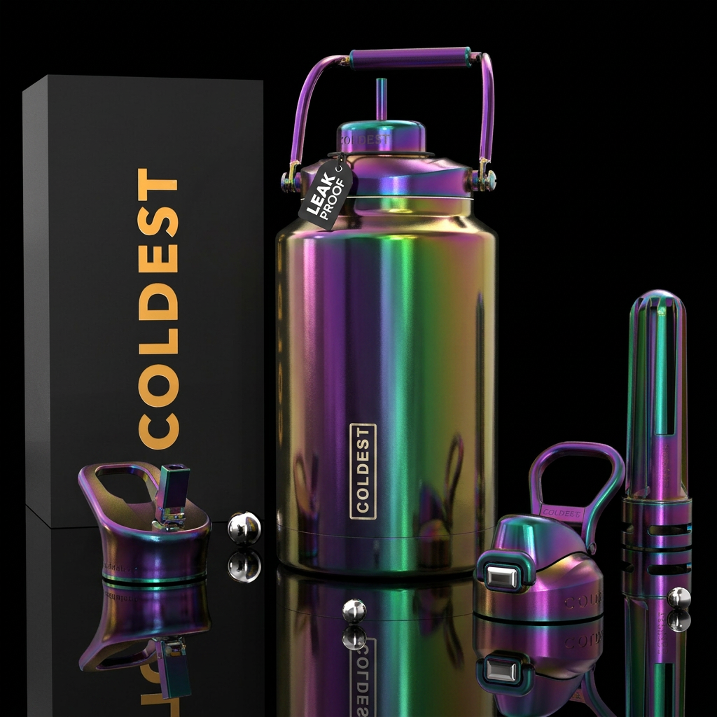 multichrome, shiny, vibrant, luxurious, dark mood,... water bottle design