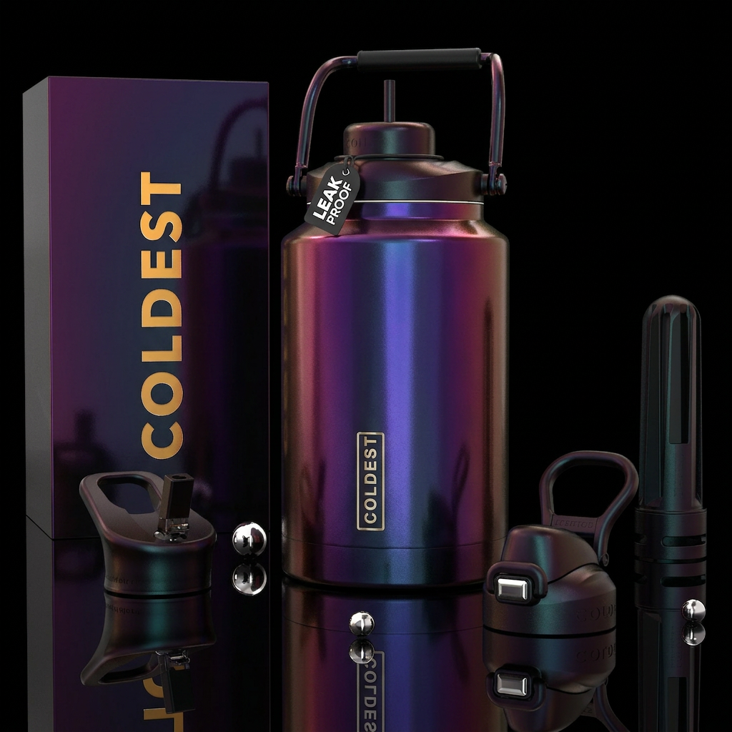 multichrome, shiny, vibrant, luxurious, dark mood,... water bottle design