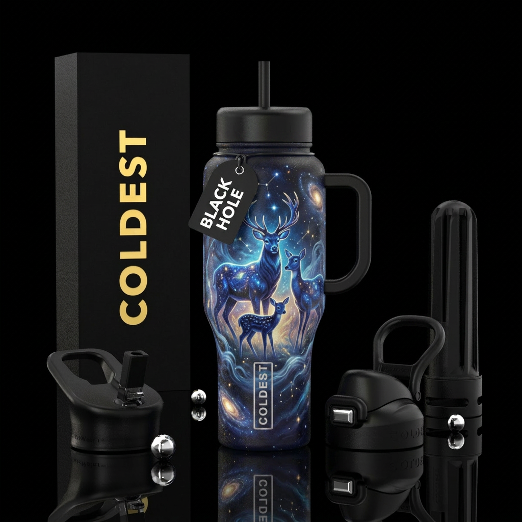 Majestic buck, doe and fawn starry sky's, vibrant,... water bottle design