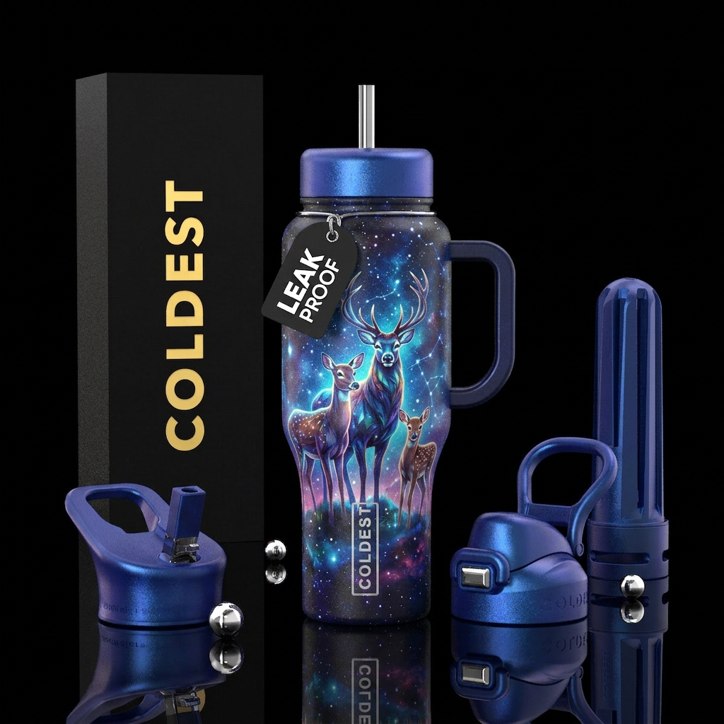 Majestic buck, doe and fawn starry sky's, vibrant,... water bottle design