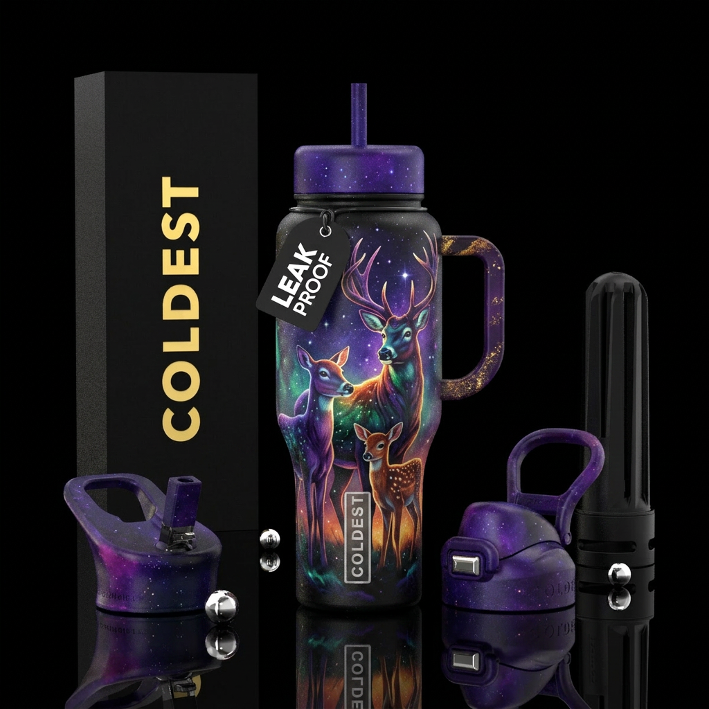 Majestic buck, doe and fawn starry sky's, vibrant,... water bottle design