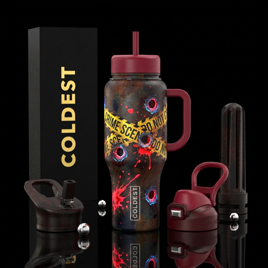 Crime scene tape,bullet holes glowie blood splatte... water bottle design