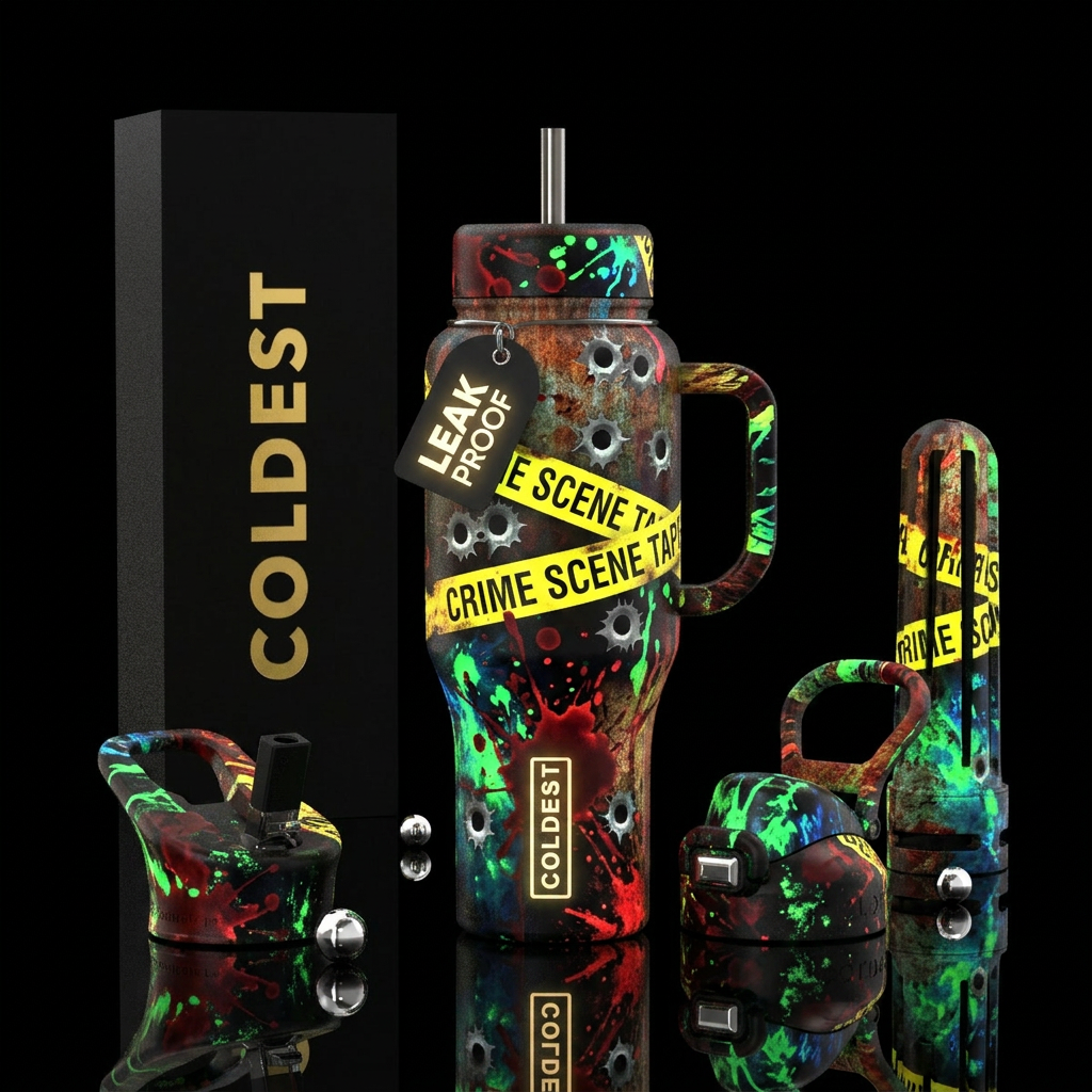 Crime scene tape,bullet holes glowie blood splatte... water bottle design
