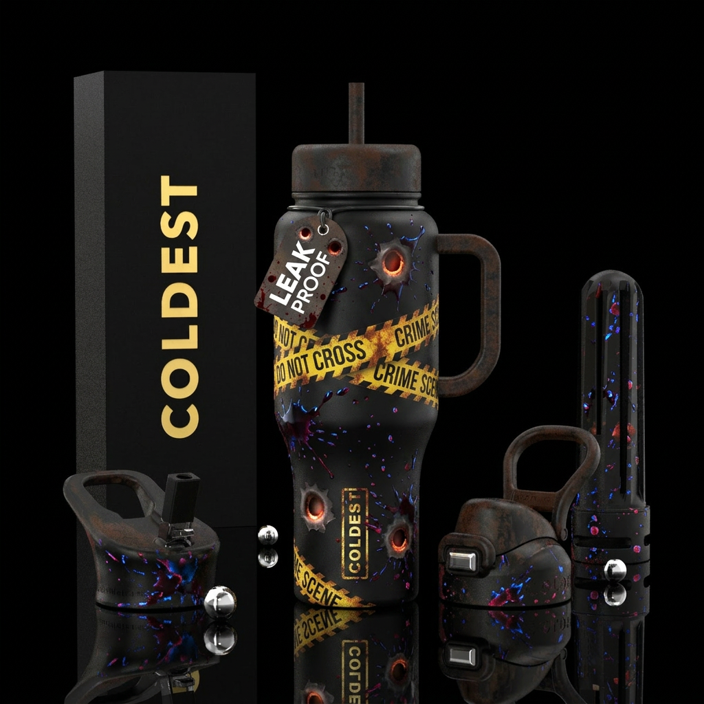 Crime scene tape,bullet holes glowie blood splatte... water bottle design