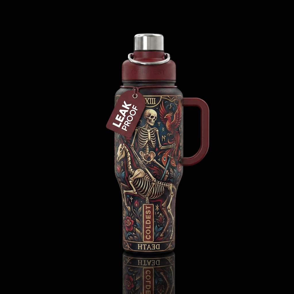 Tarot card death reversed inbued, stylistic, luxur... water bottle design