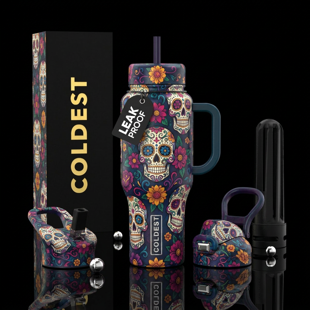 Day of the dead inbued,vibrant,colorful,skulls, fl... water bottle design
