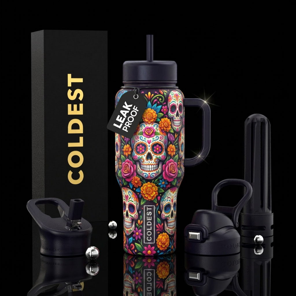 Day of the dead inbued,vibrant,colorful,skulls, fl... water bottle design