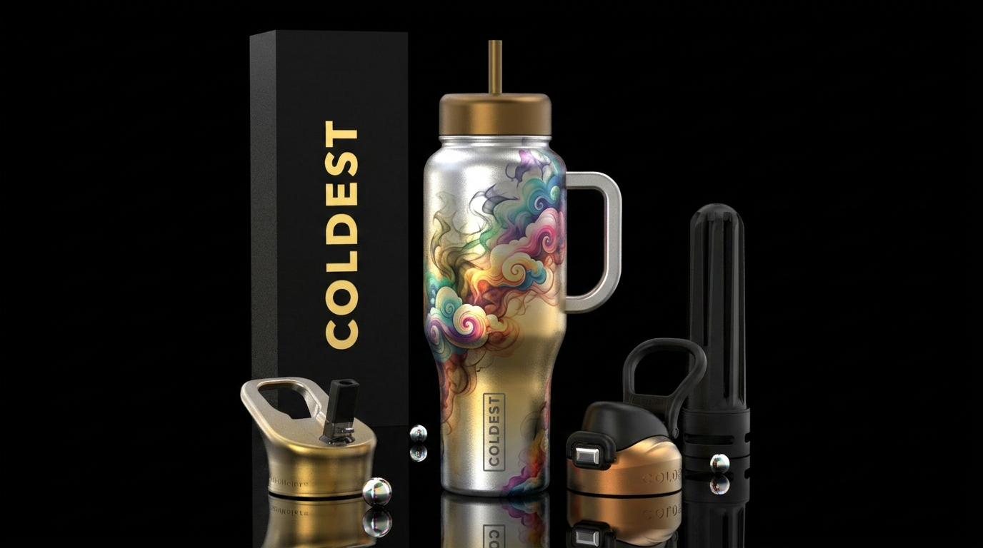 Metallic silver and gold ombre background with col... water bottle design