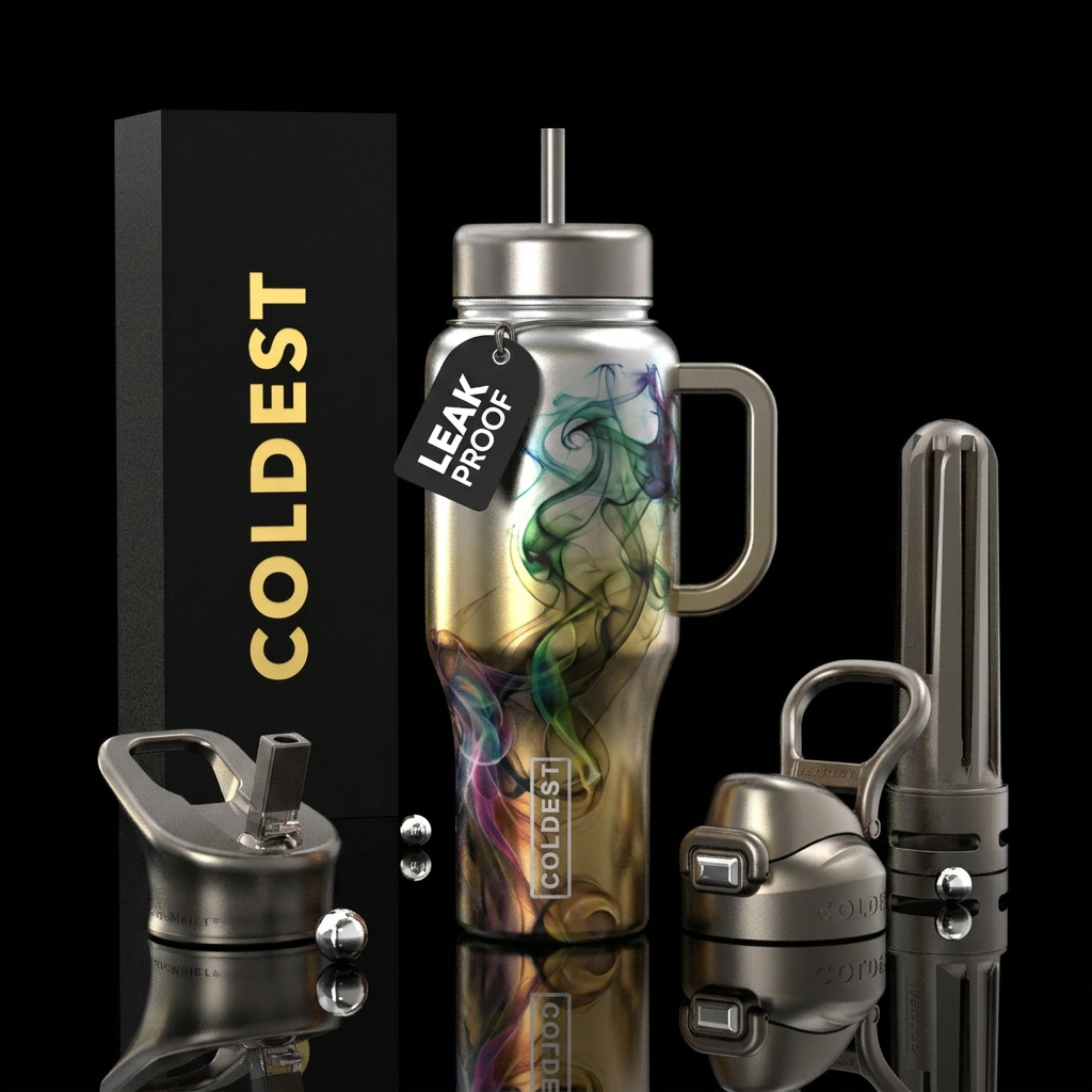 Metallic silver and gold ombre background with col... water bottle design