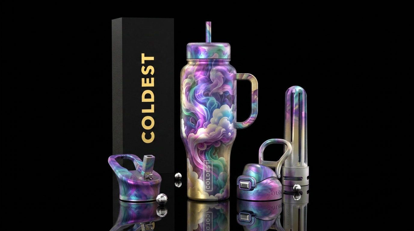 Metallic silver and gold ombre background with col... water bottle design