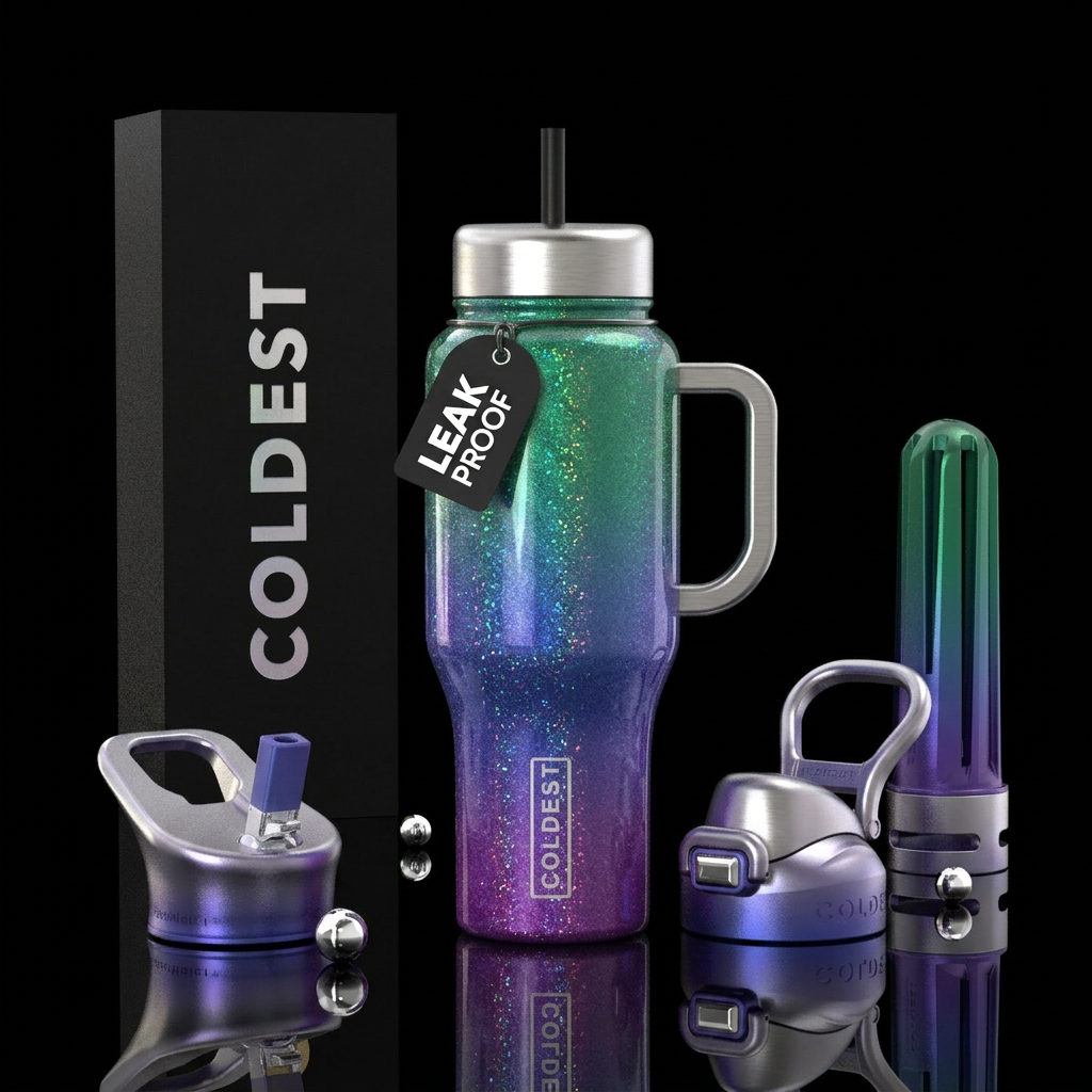 Purple,blue,green shiny ombre background with irri... water bottle design