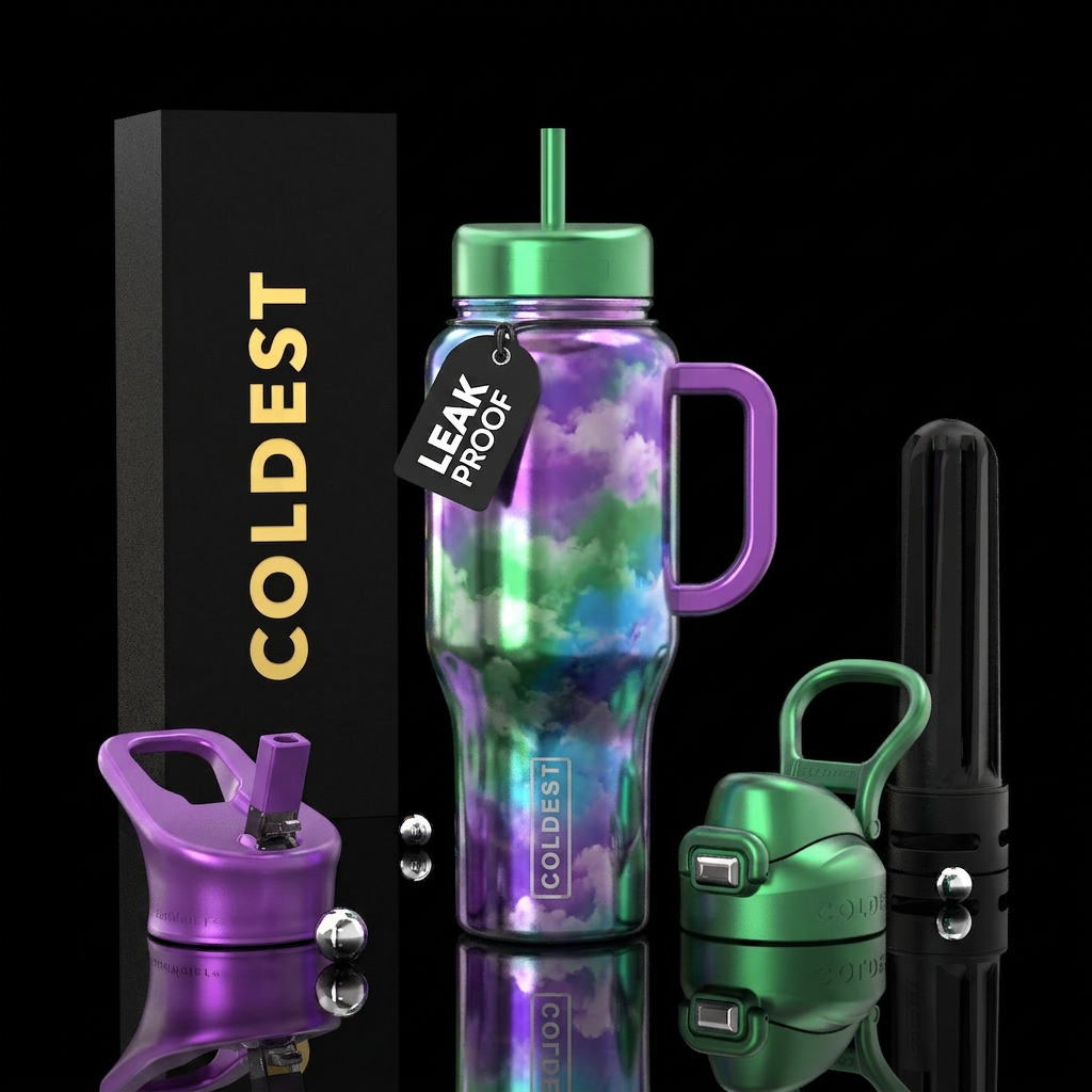 Shiny purple,green,blue intermingled background, m... water bottle design