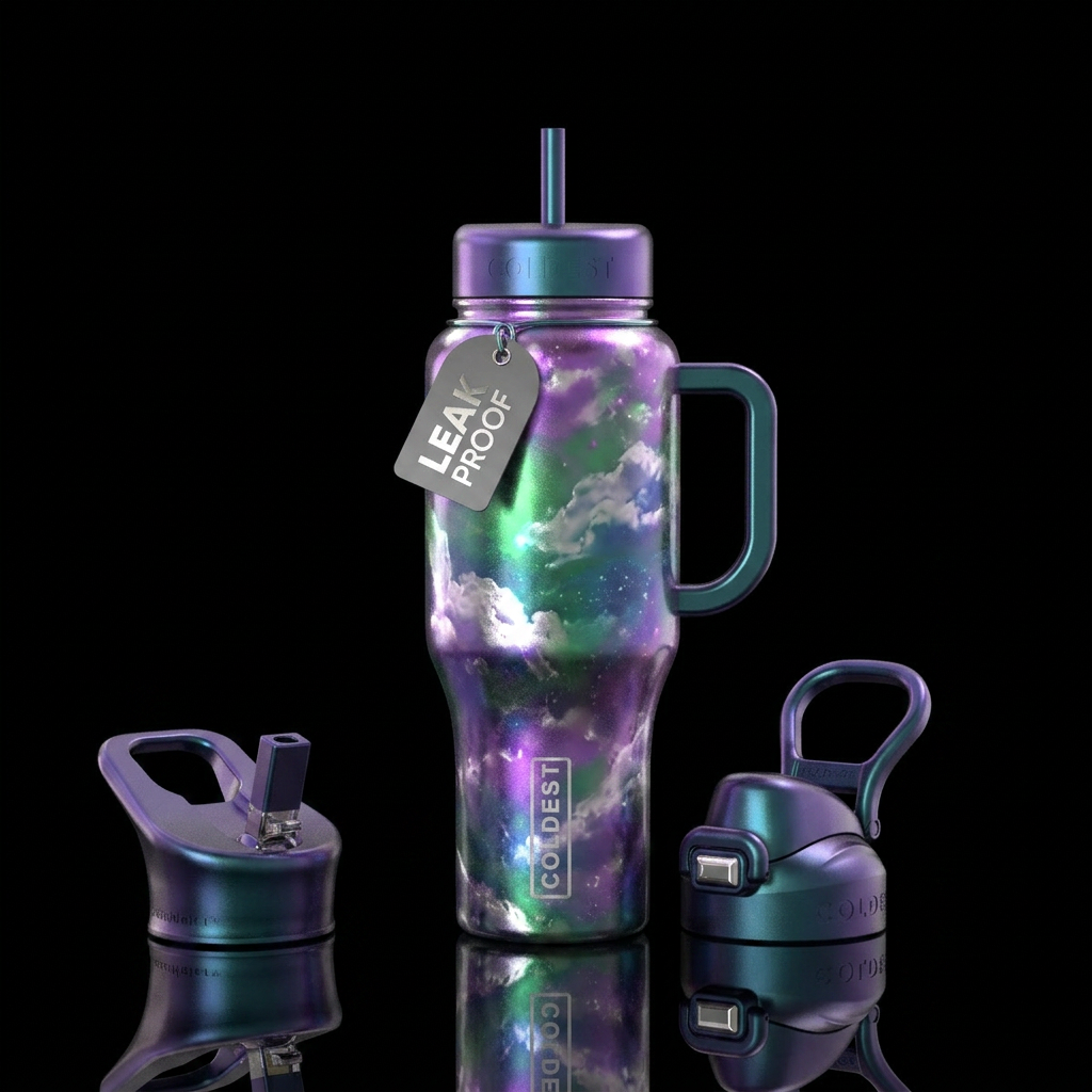 Shiny purple,green,blue intermingled background, m... water bottle design
