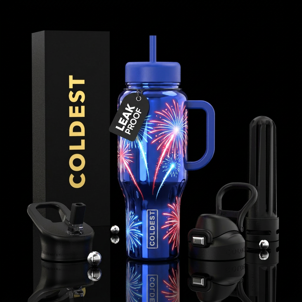 Shiny colbolt blue background with glowie red whit... water bottle design