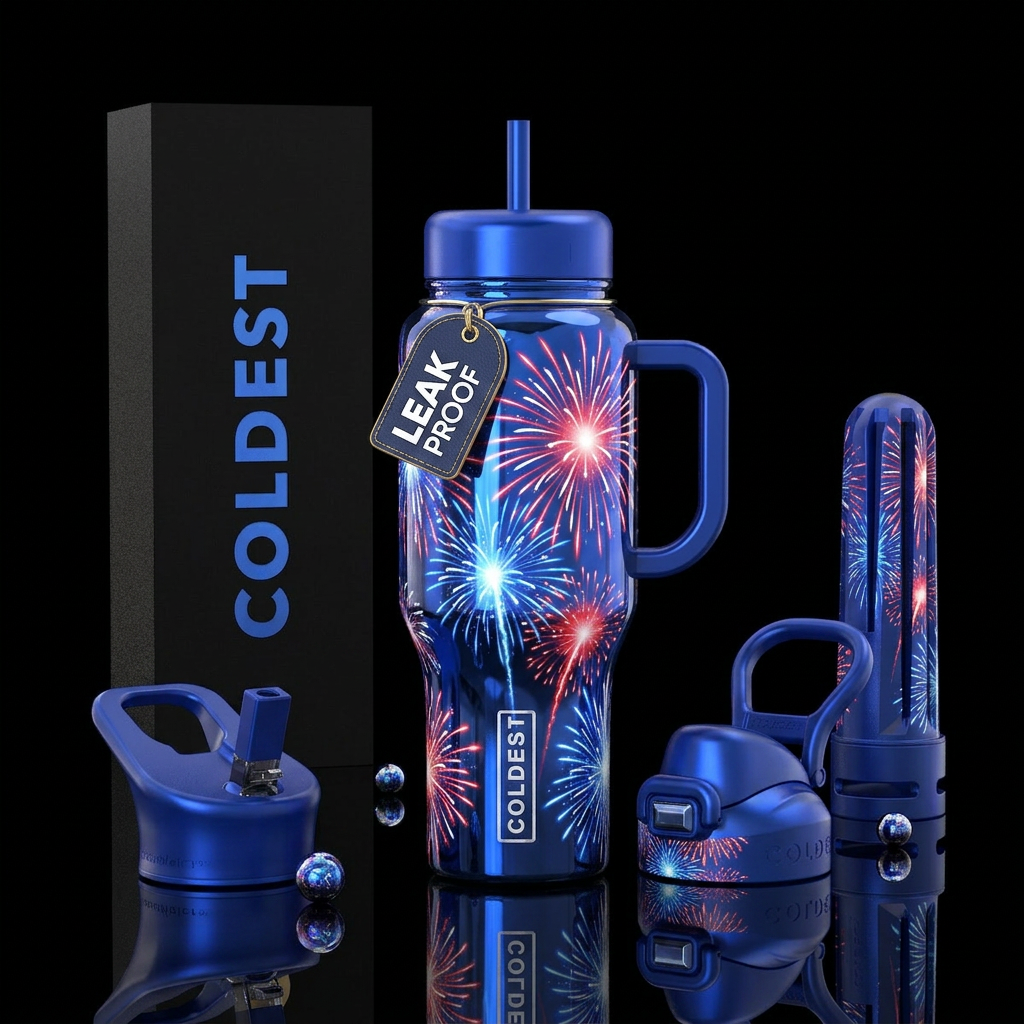 Shiny colbolt blue background with glowie red whit... water bottle design