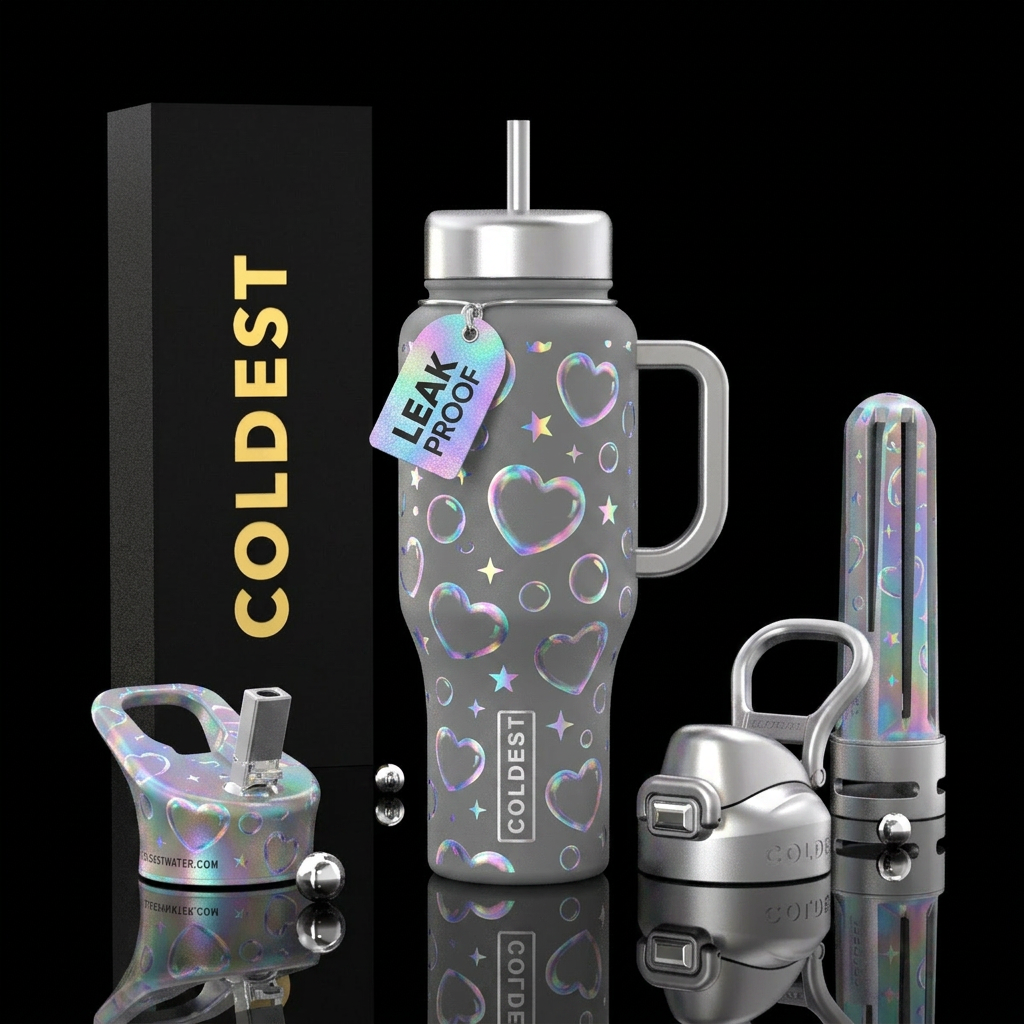 Captivating irridescent bubble hearts stars circle... water bottle design