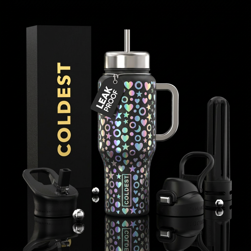 Captivating irridescent bubble hearts stars circle... water bottle design