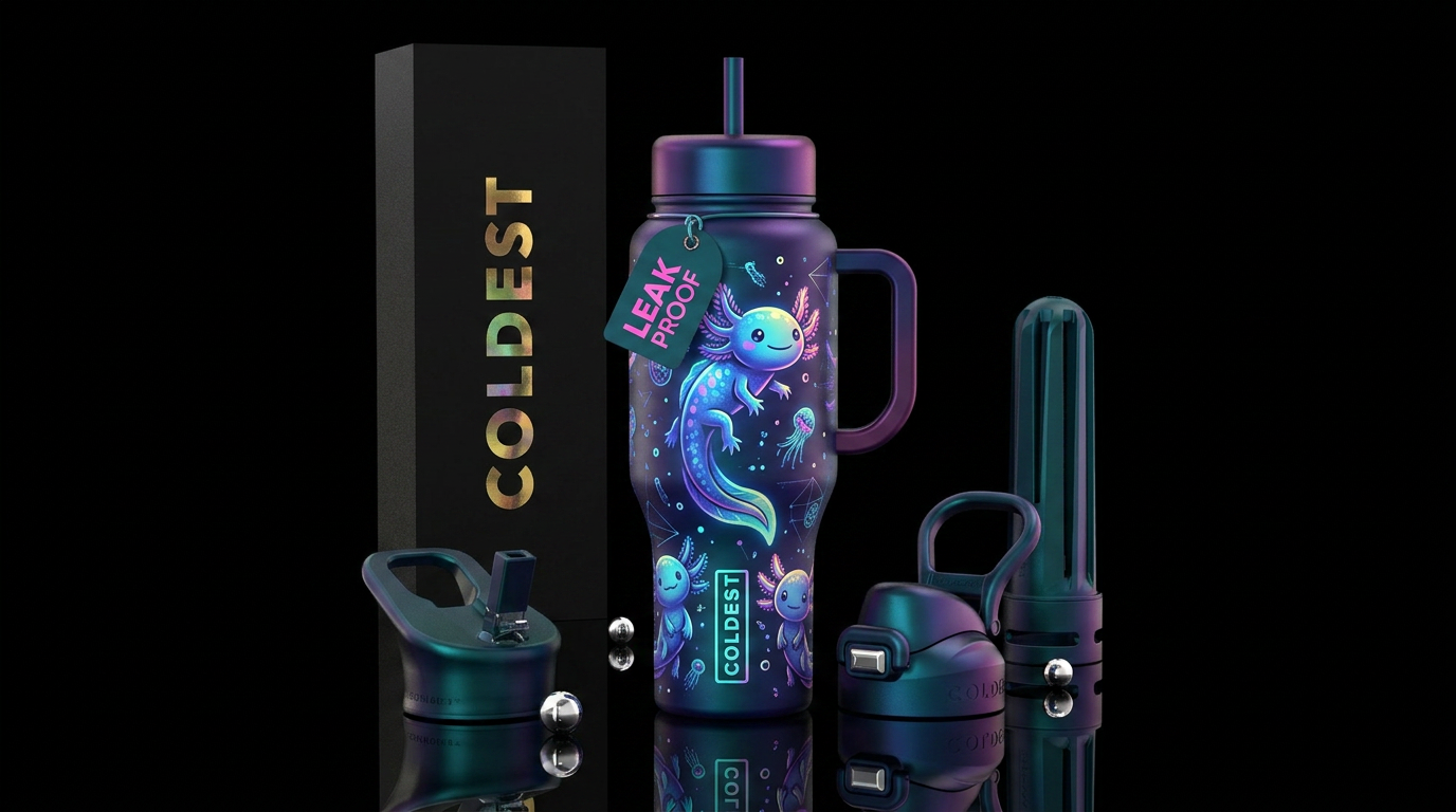 Axoloti cartoon style,cute, vibrant, magical, beau... water bottle design