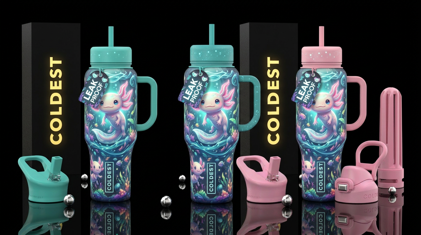 Axoloti cartoon style,cute, vibrant, magical, beau... water bottle design