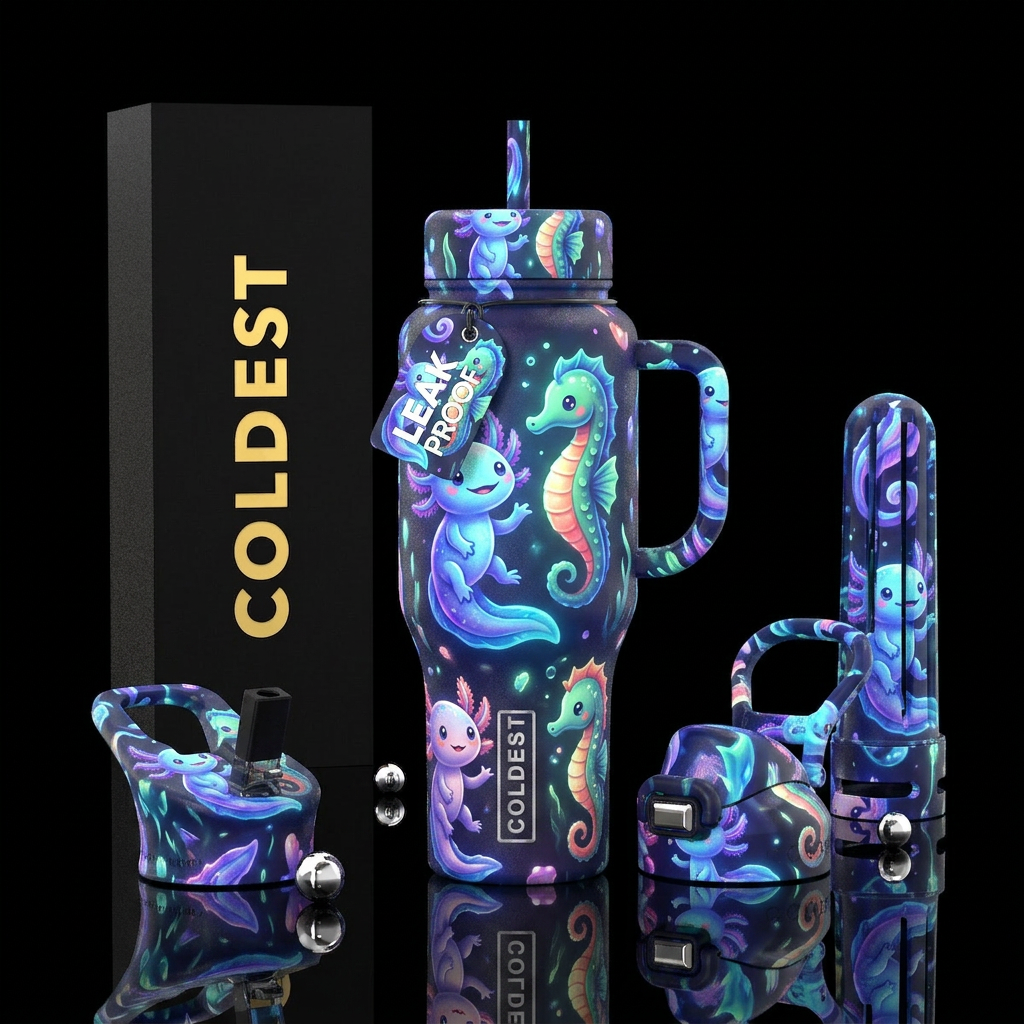 Magical,majestic axoloti and seahorse cartoon cute... water bottle design