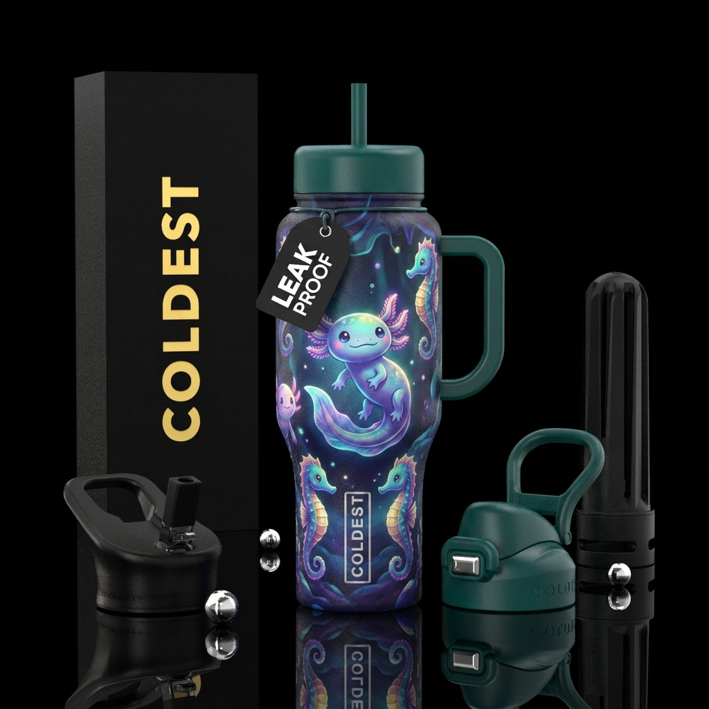 Magical,majestic axoloti and seahorse cartoon cute... water bottle design