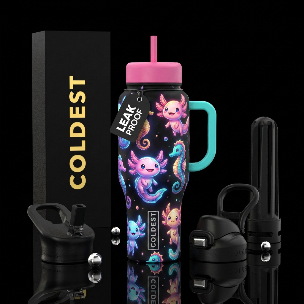 Magical,majestic axoloti and seahorse cartoon cute... water bottle design