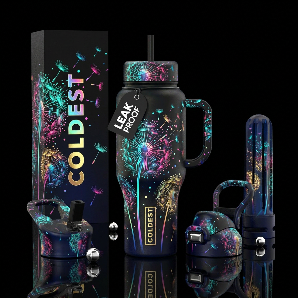 Dandelions shedding glowie colorful bright,beautiu... water bottle design